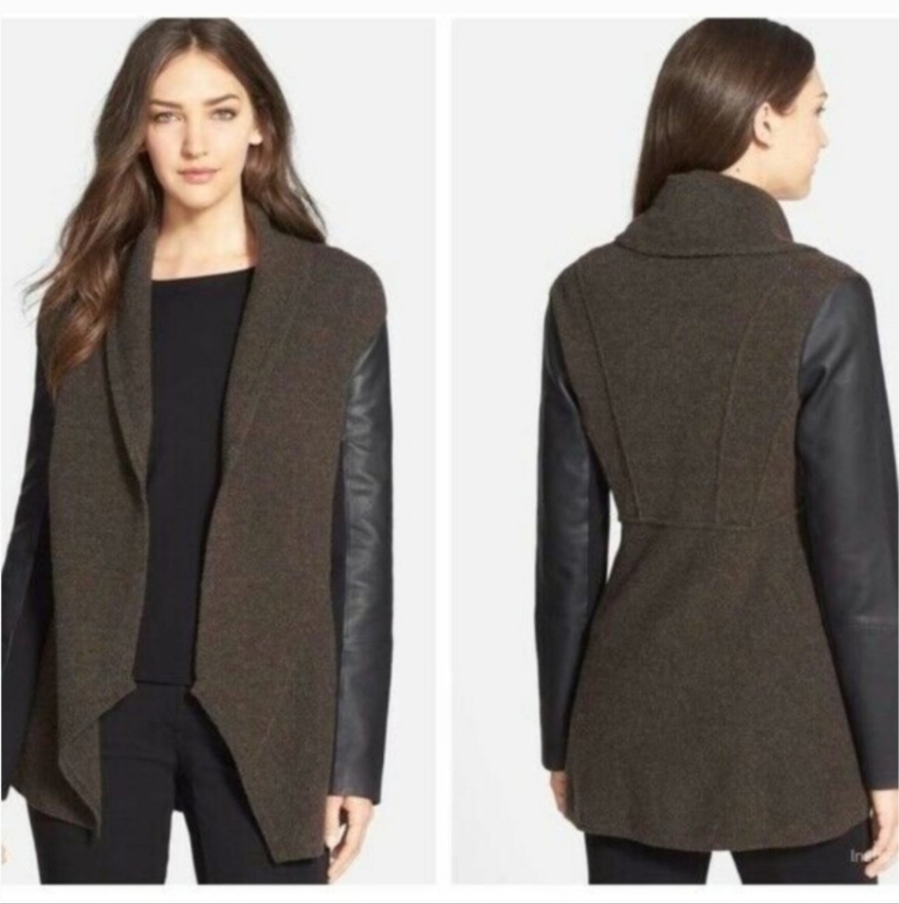 Eileen Fisher Wool cardigan sweater with leather sleeves  brown size PL